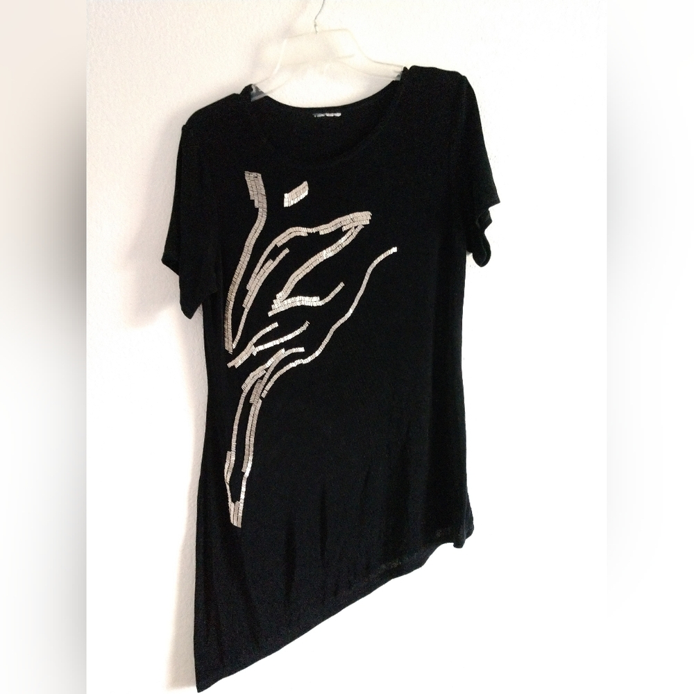 Chico's Travelers Knit Black Short Sleeve Shirt Silver Bead Embellished Medium
